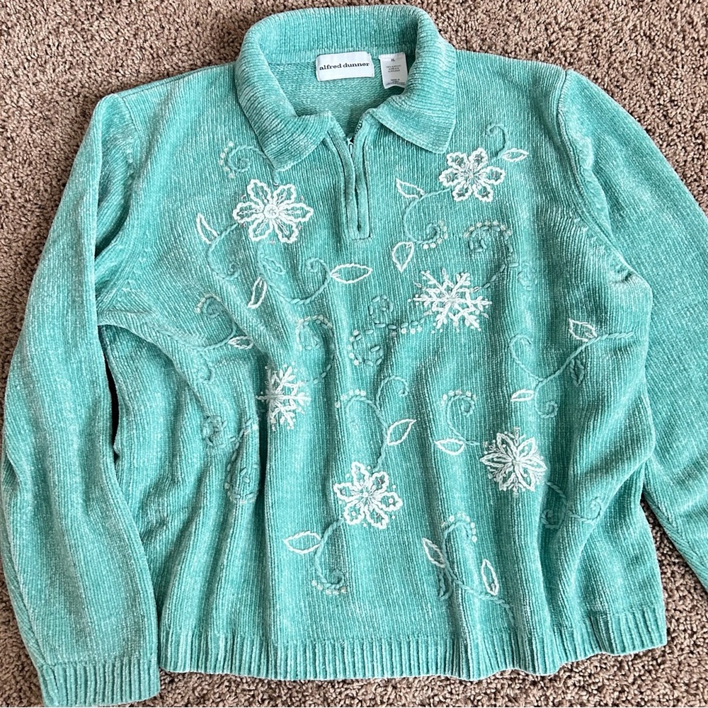 Alfred Dunner Teal Floral Embroidered Sweater